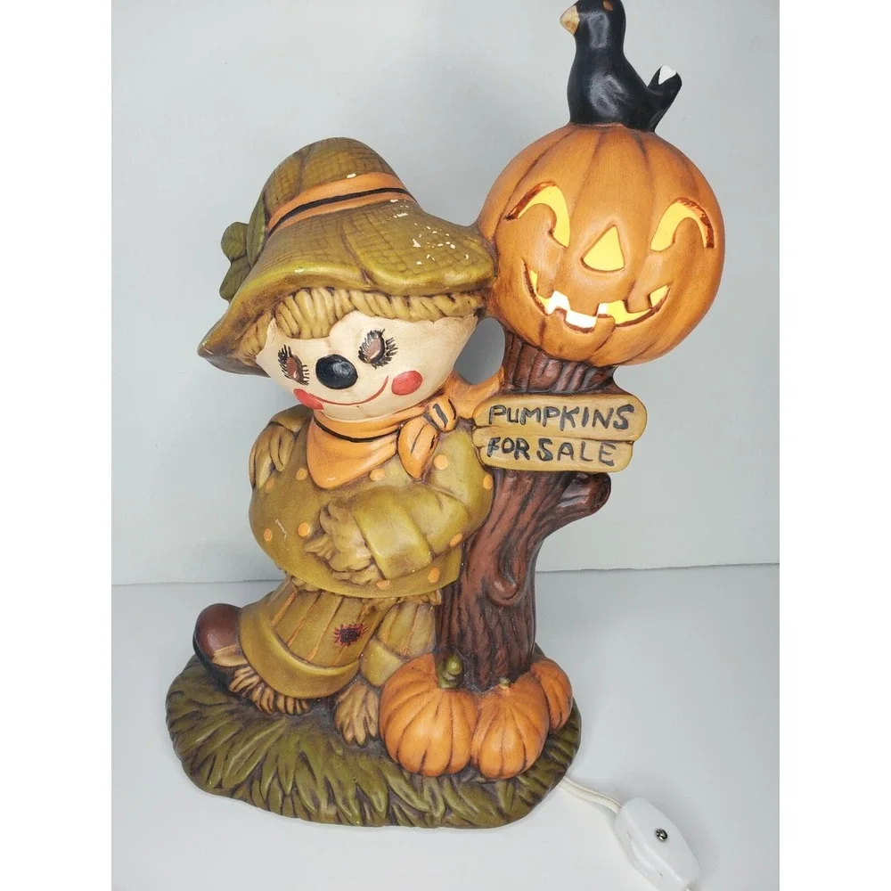 🎃 HALLOWEEN Ceramic SCARECROW w Light Up JACK-O-LANTERN  